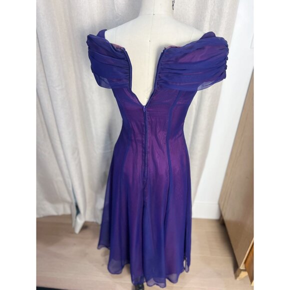 Vintage 90s CACHE Purple Chiffon Off Shoulder Evening Gown Made in USA Small - Picture 5 of 7
